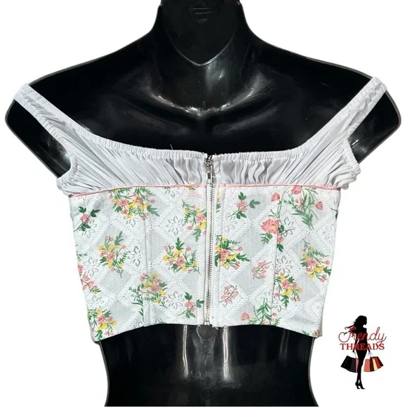 Fashion Nova Corset Top Extra Small XS White Pink Floral Boho Coquette Feminine - Picture 4 of 14